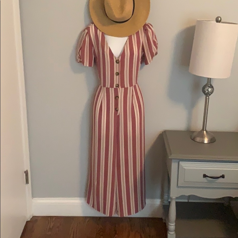 Rusty red pin strip romper/jumpsuit